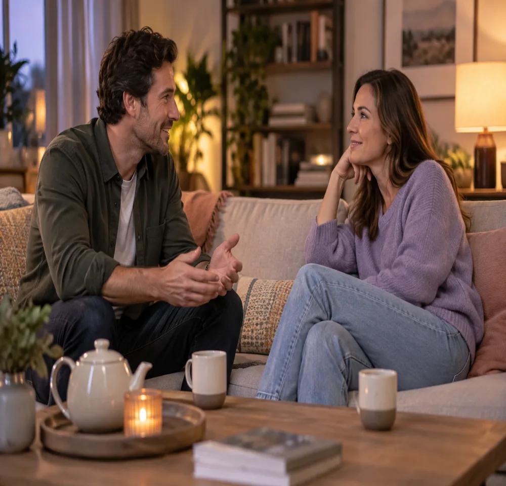 A couple talking on a sofa in a warmly lit living room