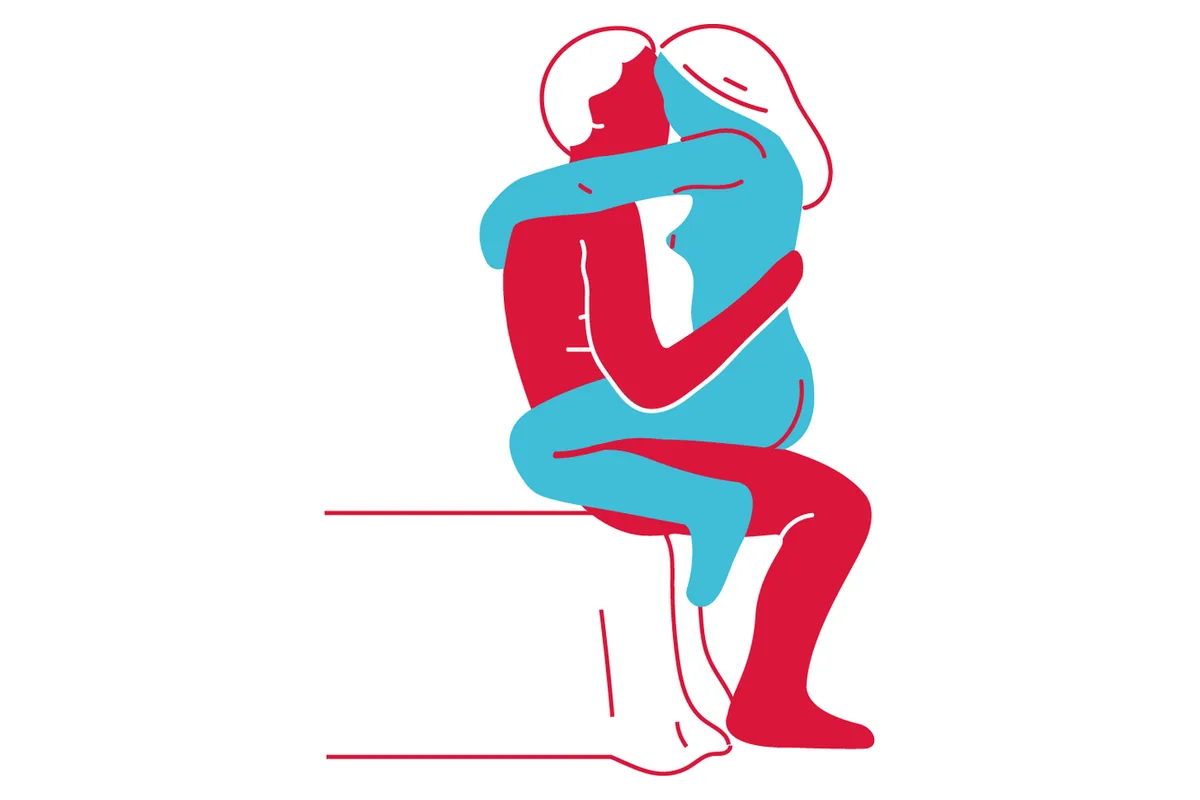 Flat illustration of cowgirl on a chair: one partner sits and the other sits on their lap facing them