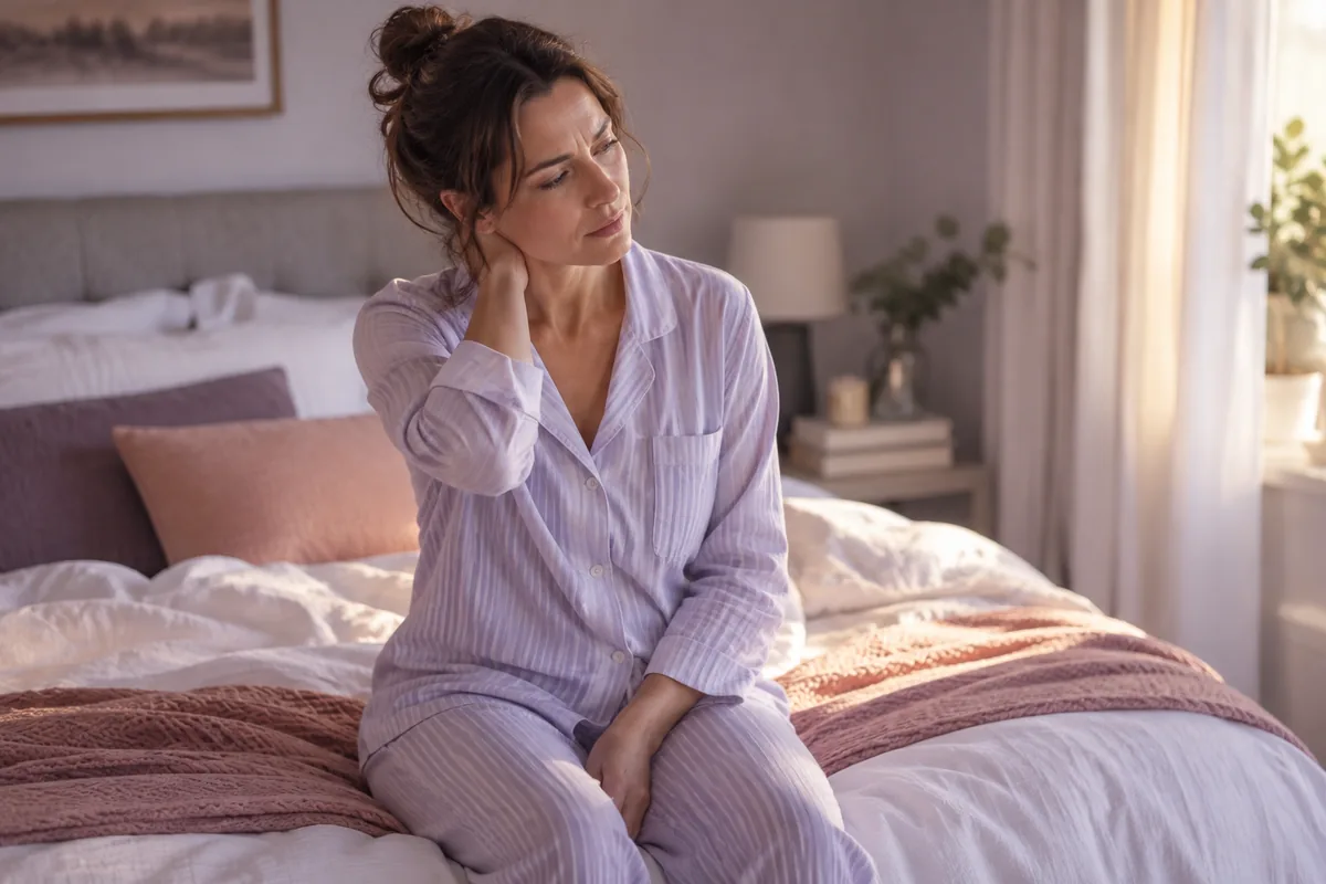 A woman sitting on the edge of her bed rubbing her stiff neck