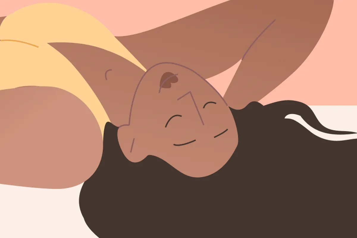 Flat illustration of a woman lying back with her eyes closed, relaxed