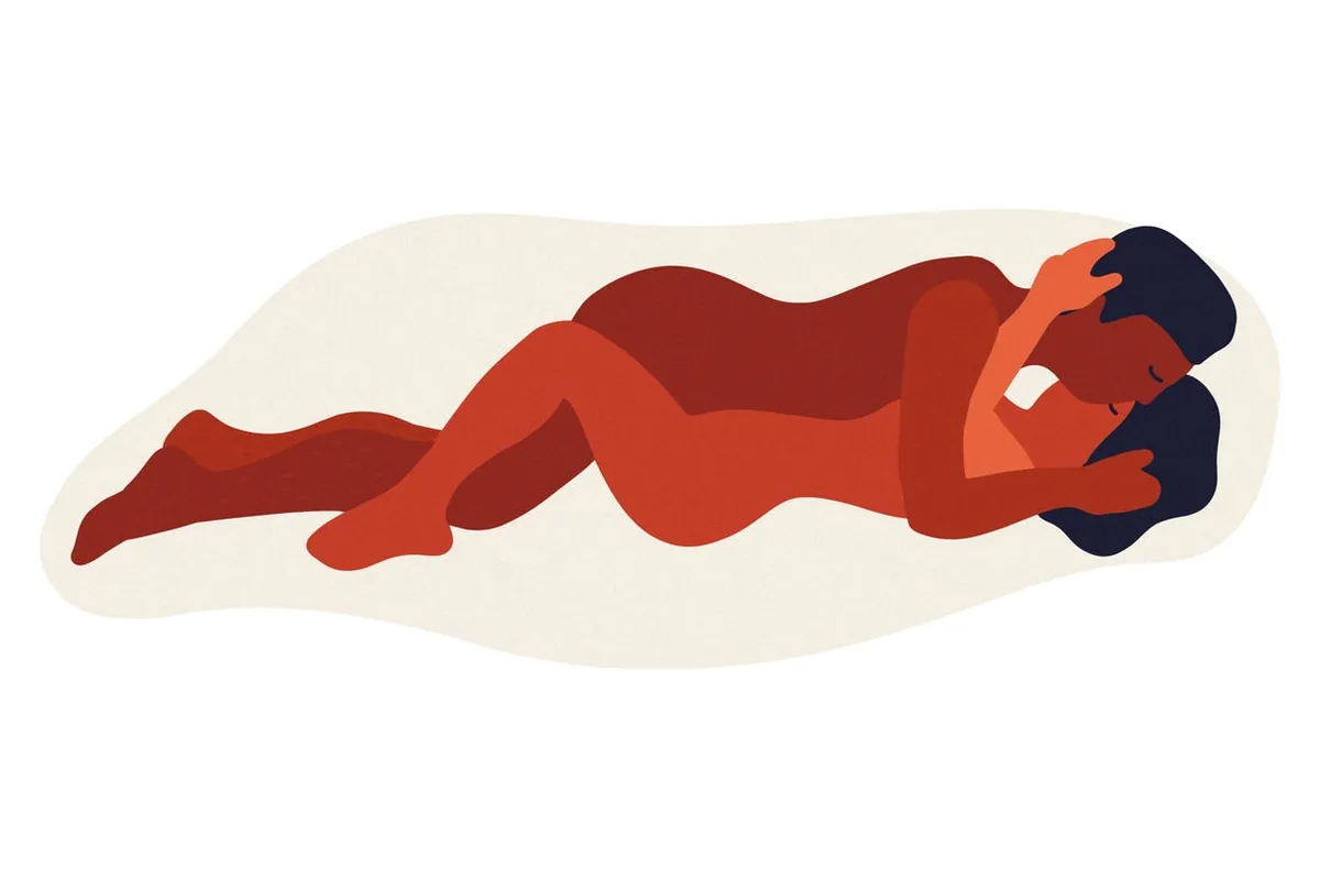 Flat illustration of the coital alignment technique: the top partner lies higher up the body, pelvises aligned