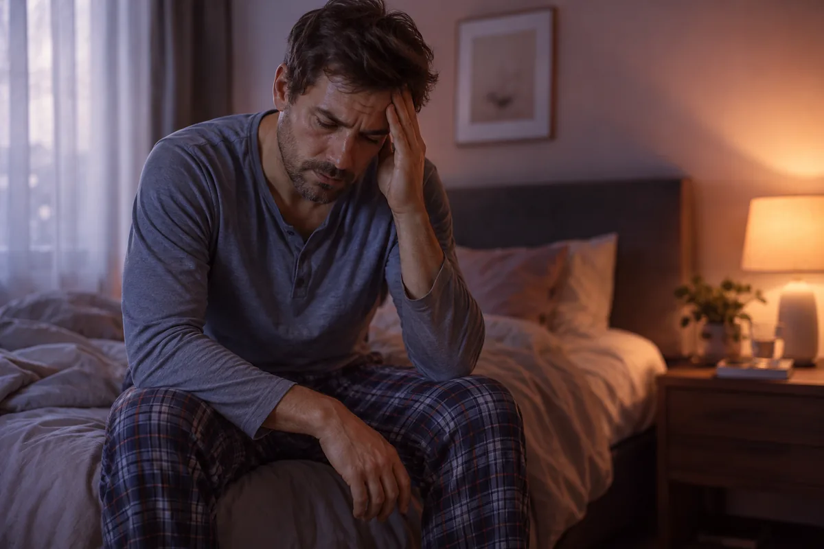 A man sitting on the edge of a bed holding his head