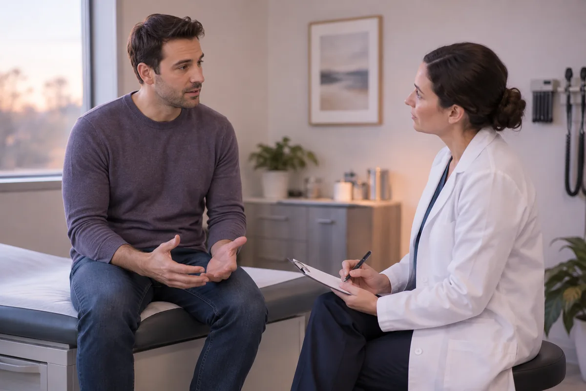 A man sitting on an examination couch talking with a doctor in a clinic