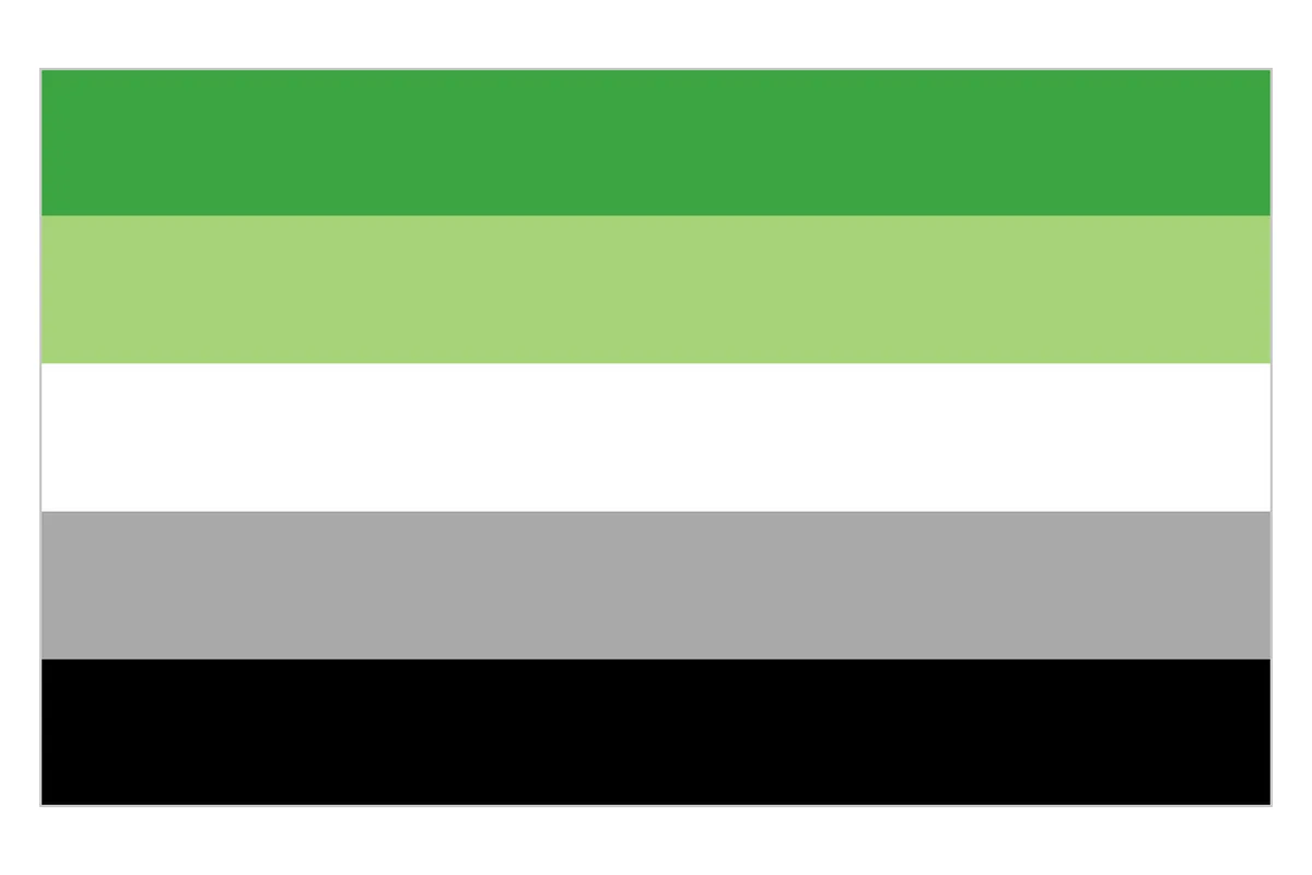 The aromantic pride flag with green, light green, white, grey and black stripes