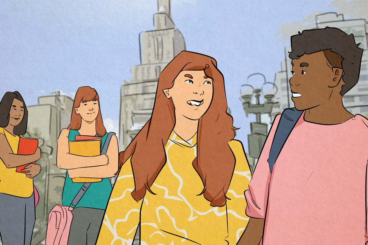 Illustration of a group of students walking and chatting in a city street