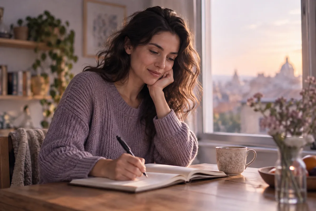 A person writing in a notebook by a window with a cup of tea