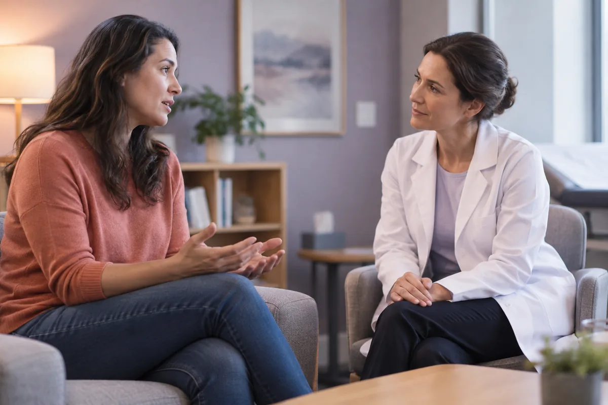 A woman talking with a doctor in a calm consultation room