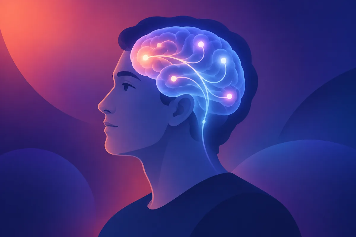 Flat illustration of a head in profile with a softly glowing brain