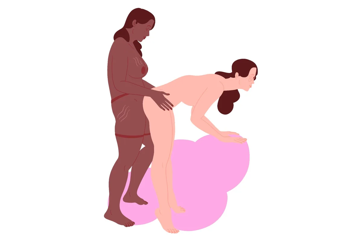 Flat illustration of standing doggy: the front partner leans on the bed while the other stands behind