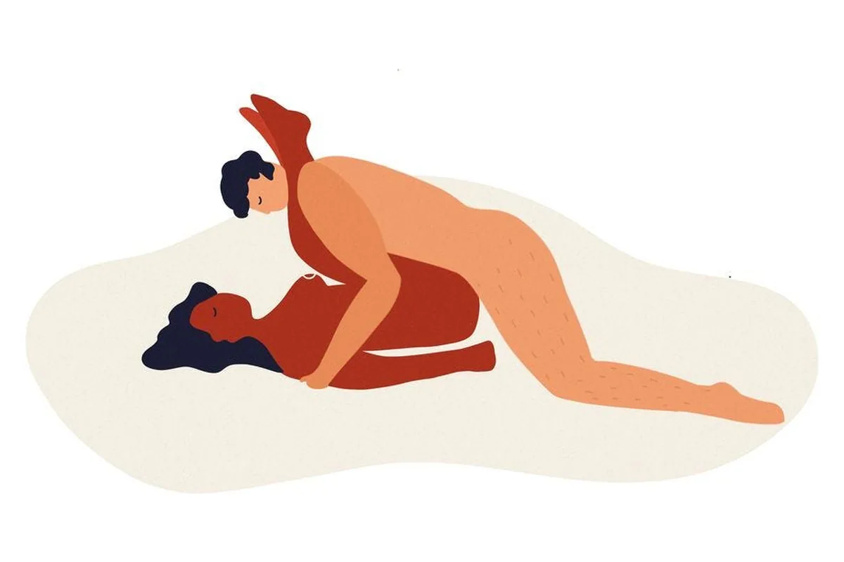Flat illustration of a raised-hips position: one partner lies back with legs lifted while the other kneels