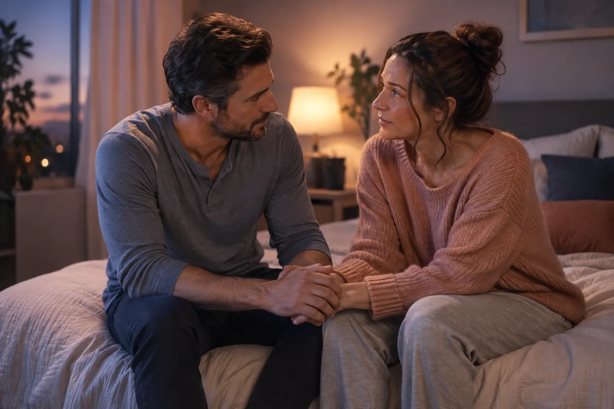 A clothed couple sitting on the edge of a bed, talking and holding hands