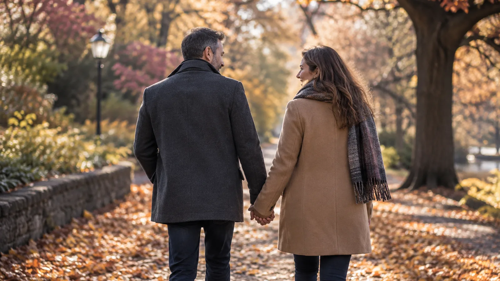 Two people walking hand in hand through an autumn park, seen from behind