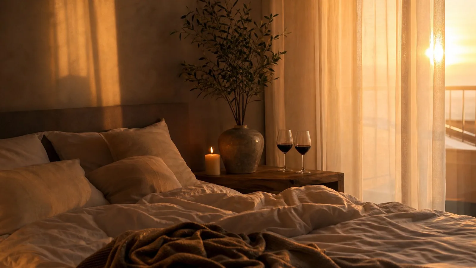 A bedroom at sunset with rumpled bedding, a candle and two glasses of red wine on the side table